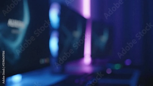 Wallpaper Mural A blurry dark setting featuring illuminated blue and purple lights A sign is faintly visible on the left side Torontodigital.ca