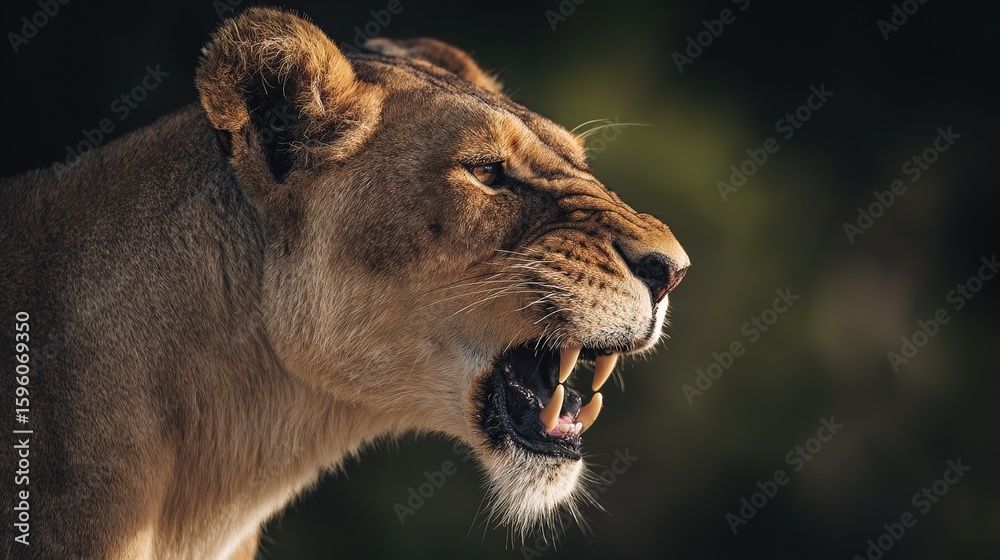 Naklejka premium Close-up Snarling Lioness with Fangs, Wildlife Drama in Side Lighting, Blurred Savannah Backdrop