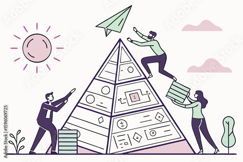 Diverse team collaborates to build a pyramid symbolizing progress growth and achieving ambitious goals together