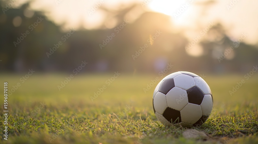 Fototapeta premium Golden Goal Moment: Soccer Ball on Lush Green Field, Highlighting Penalty Spot with Shallow Depth of Field Under Ethereal Golden Hour Glow
