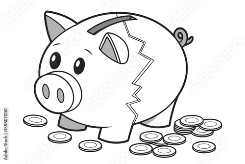 Line Art of Piggy Bank with Coins – Financial Savings and Budgeting Icons Set