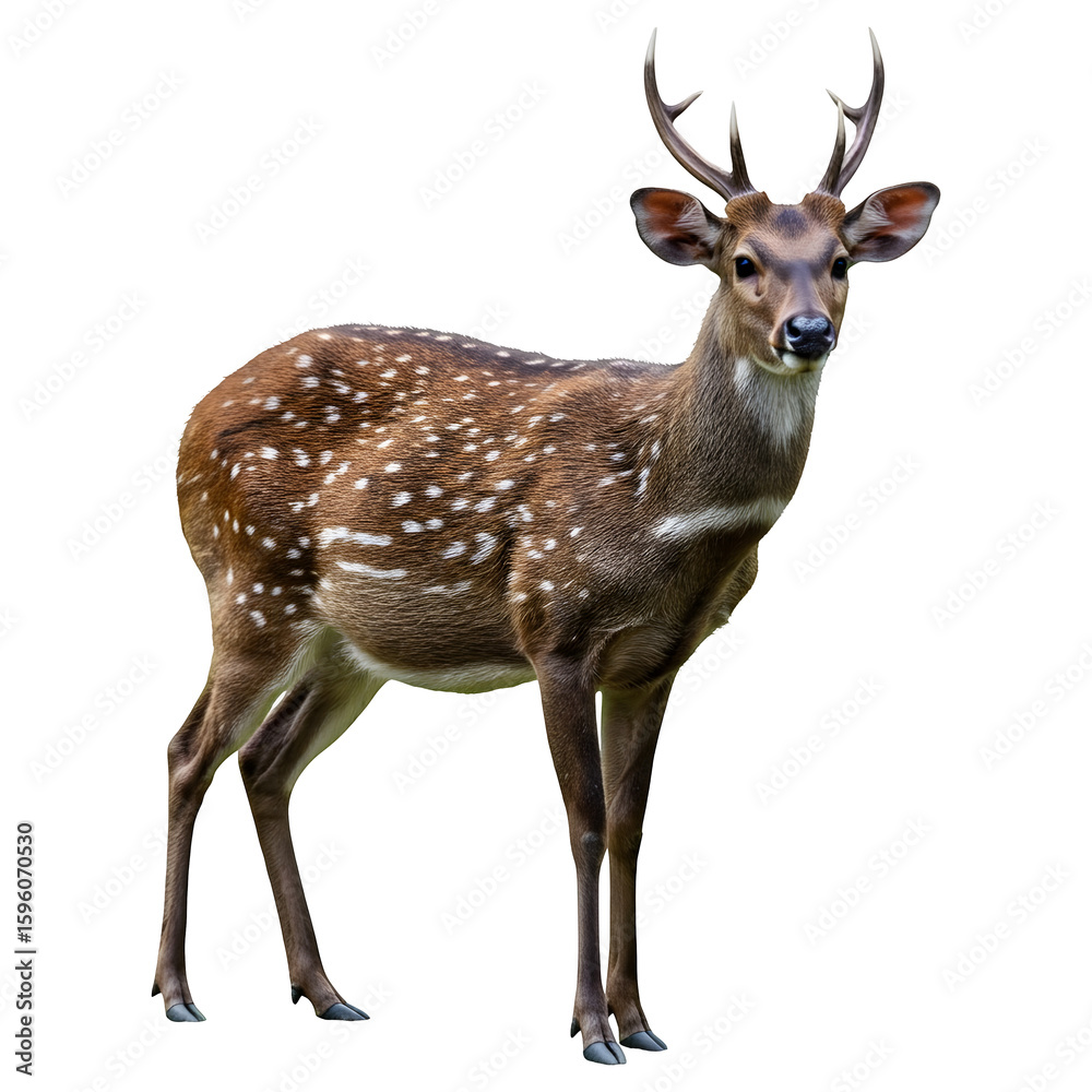Fototapeta premium Alert Deer in Natural Habitat: Captivating image of a majestic axis deer in its natural habitat. This stunning animal displays its distinctive spotted coat and impressive antlers.