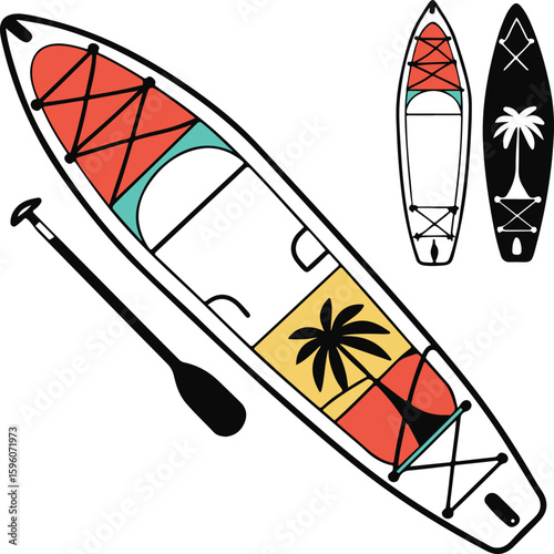 Colorful Stand Up Paddle Board Vector – Tropical SUP with Palm Tree Design and Paddle