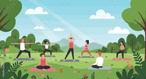 People practicing yoga in a park with trees mountains and clouds