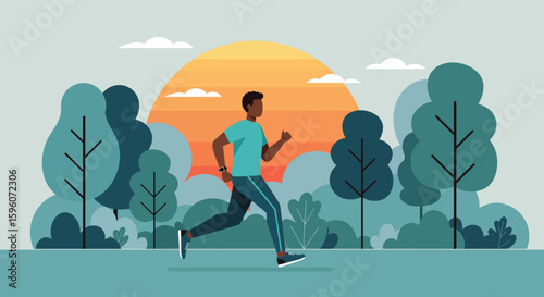 Man jogging in park at sunset with stylized trees