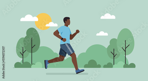 Man running outdoors in a park with trees and sun