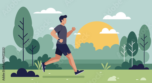 Man running in a park with trees and a sun