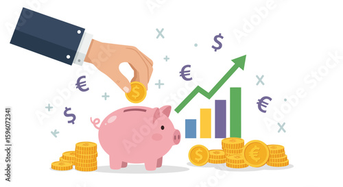 A hand deposits a coin into a piggy bank with a rising graph and stacks of coins