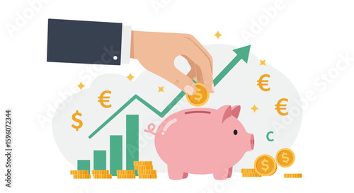 Hand deposits coin into piggy bank with financial graph and currency symbols