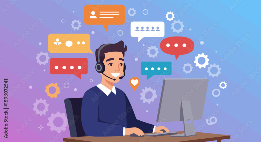 Person in headset at computer with speech bubbles and gears Person in headset at computer with speech bubbles and gears