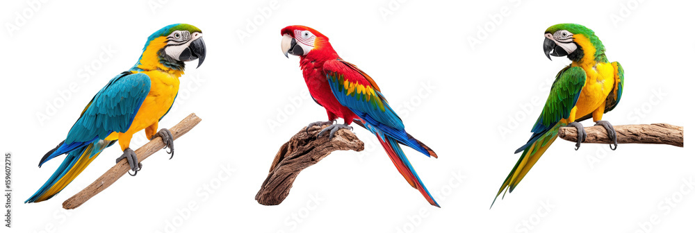 Obraz premium Colorful parrots perched on branches showcasing vibrant plumage