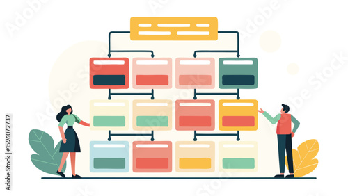 Illustration of hierarchical structure with people and colorful rectangular boxes