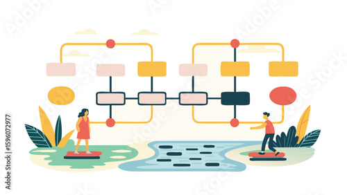 Illustration of people on platforms connected by flowchart over water landscape art style