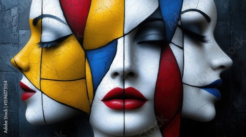 Abstract Portrait: A modern artwork featuring multifaceted faces with vibrant colors