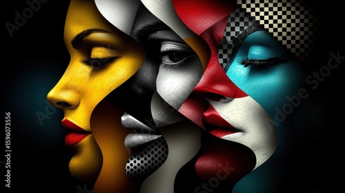 Abstract portrait of diverse women faces with vibrant colors and textures