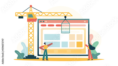 Illustration of web development with crane lifting a component and two developers working on it