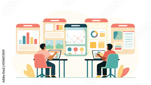 Two people working on laptops with dashboards and charts displayed on screens behind them online meeting 100
