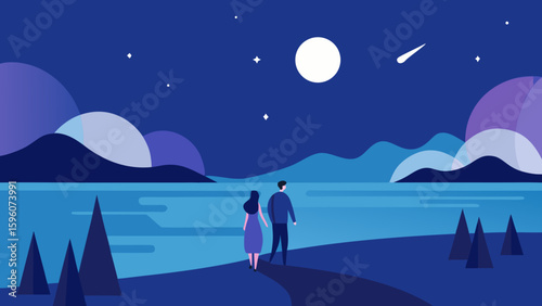 Couple Walking by a Sparkling Lake Under Moon and Stars