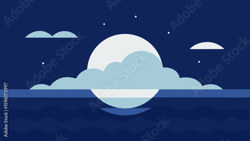 Cloud Layers Drifting Around Full Moon Over Ocean