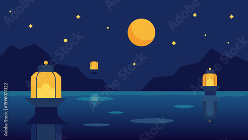 Floating Lanterns on Lake Under Moon and Stars