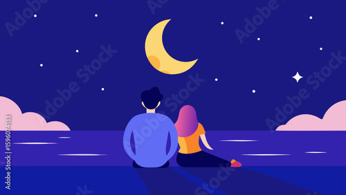 Lovers Under Moon and Stars by Glowing Sea