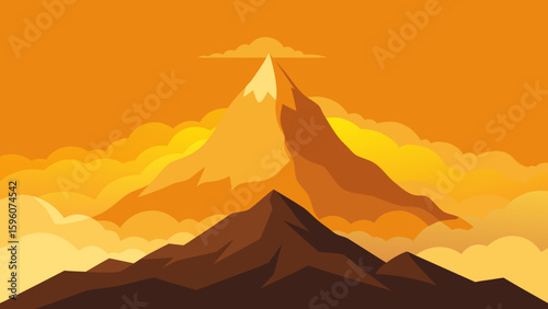 Mountain Peak Above Clouds at Golden Sunrise