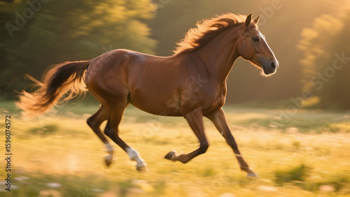 A chestnut horse gallops gracefully across a sunlit meadow, its mane flowing freely.