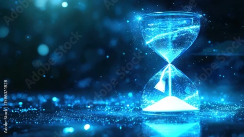 Hourglass with Blue Sparkles Displaying the Concept of Time and Eternity in a Dreamy Abstract Style