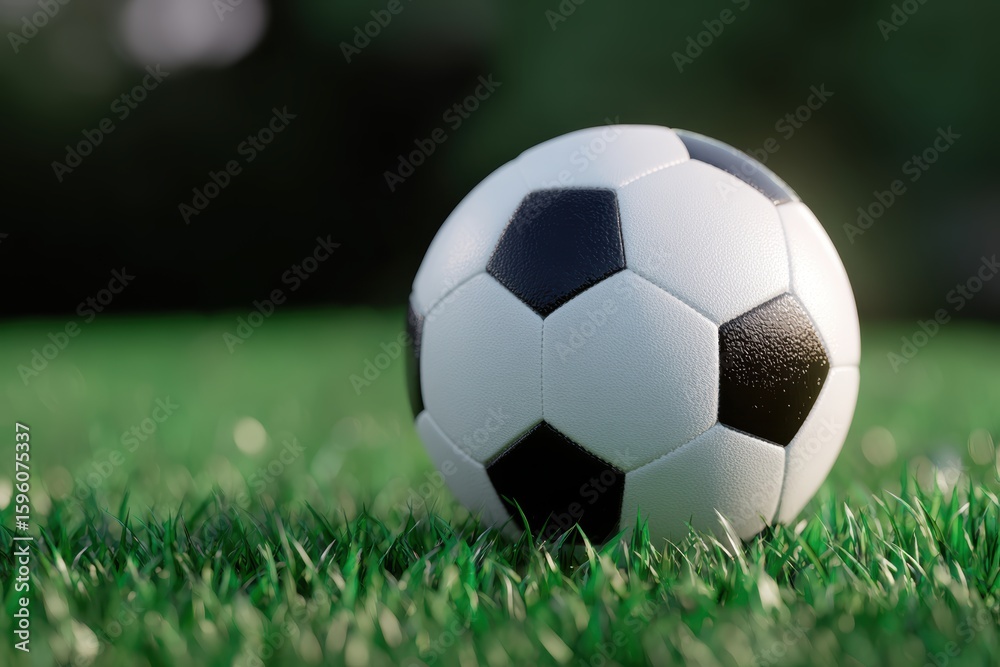 Fototapeta premium Close-up of a soccer ball on a green field, ready for kick-off. Team sport, competition. Sharp focus.