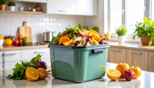 A green bin filled with assorted fresh fruit and vegetable scraps sits on a kitchen counter, surrounded by whole and cut fruits.