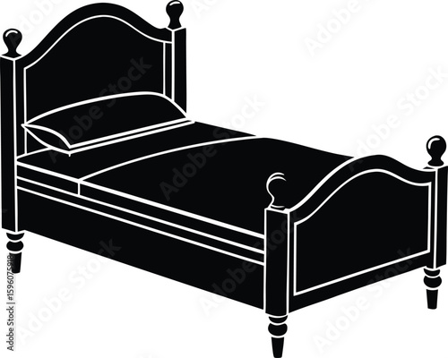 Vector art of a classic black and white illustration of a vintage bed with a pillow and sheets