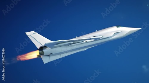 Futuristic Jet Aircraft Soaring Through Blue Sky with Fiery Exhaust Trail