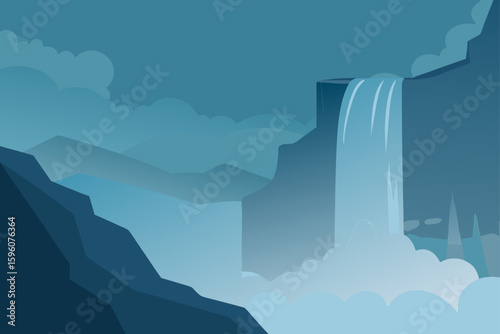 Cold Waterfall Texture with Fog and Light Long Exposure
