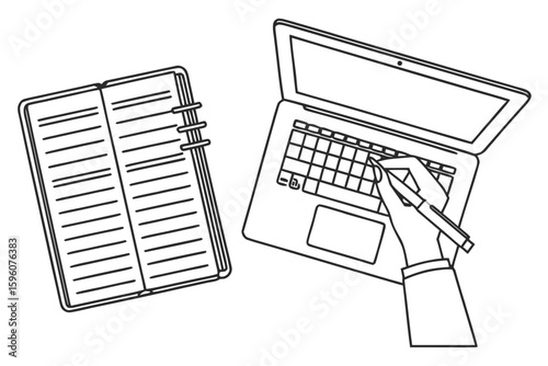 Side-Hustle Workspace Vector Set – Laptop, Notes, and Productivity Icons in Line Art & Silhouette Style