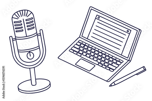 Side-Hustle Workspace Vector Set – Laptop, Notes, and Productivity Icons in Line Art & Silhouette Style