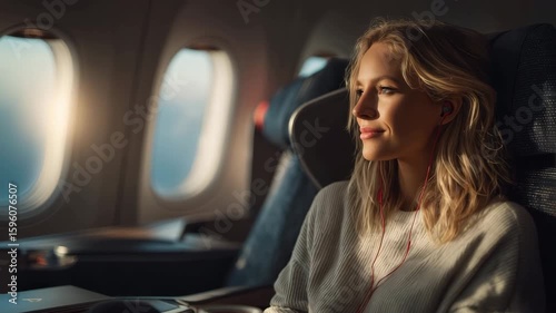 Tranquil First-Class Flight with Coffee and Sunset Sky Views