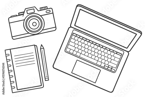 Side-Hustle Workspace Vector Set – Laptop, Notes, and Productivity Icons in Line Art & Silhouette Style