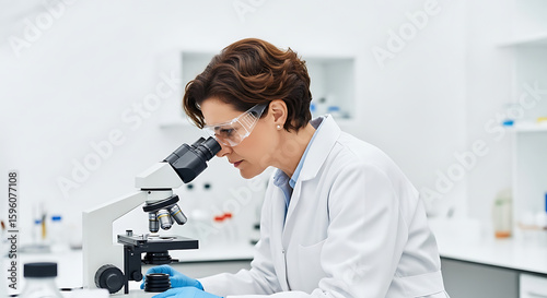 Scientist at Work Woman Analyzing Samples Under Microscope in Laboratory Research Setting