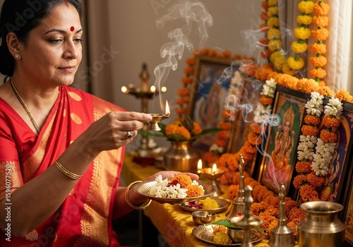 Woman offering prayers with diya and flowers in front of deities