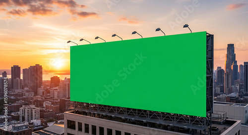 Green Screen Billboard Mockup at Sunset Cityscape | Advertising Opportunity