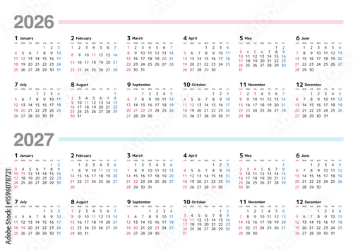 2026-2027年 年間カレンダー 日曜始まり