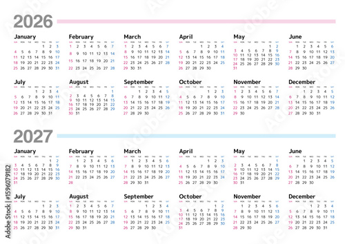 2026-2027年 年間カレンダー 日曜始まり 日本の祝日表記はありません