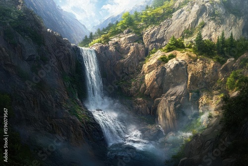 Majestic Waterfall Cascades Down Rocky Cliffs in Mountain Valley with Lush Greenery, Scenic Landscape.