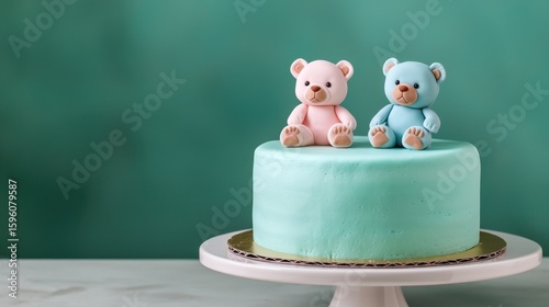 Adorable Gender Reveal Cake with Cute Teddy Bear Toppers in Soft Pastel Colors on Elegant Cake Stand