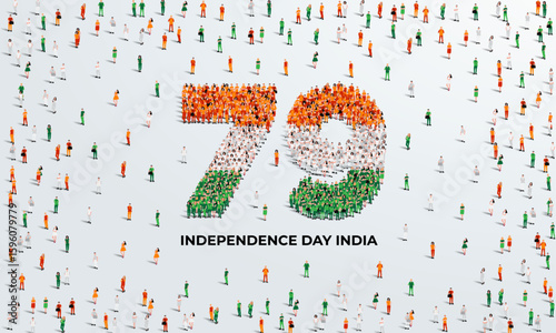 August 15 Happy Independence Day India Design. A large group of people form to create the number 79 as India celebrates its 79th National Day on the 15th of August.