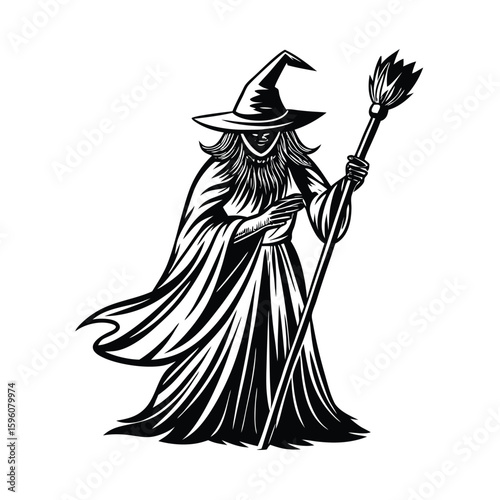 Witch holding broom in flowing cloak wizard sorceress