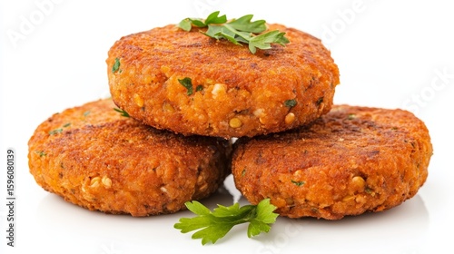 Detailed view of a delicious lentil cutlet on a pristine white background with subtle text elements