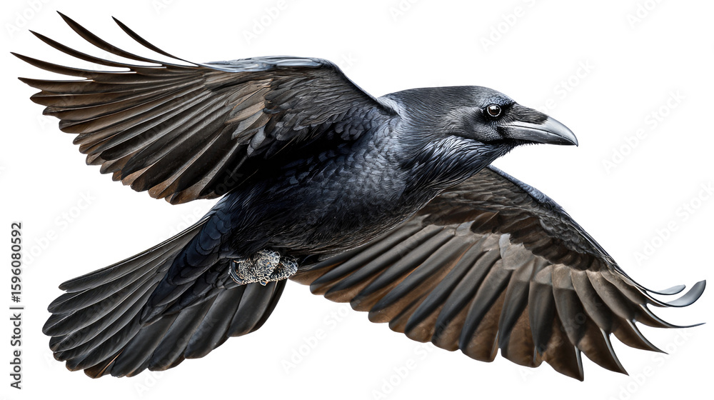 Obraz premium Raven in Flight: A majestic raven soars through the air, its wings spread wide. The powerful creature embodies freedom. The image is a breathtaking depiction of nature's beauty.