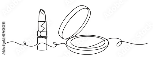 Continuous line art of a face powder and lipstick for women. The concept of dressing up and beautifying oneself. This icon is for a poster or advertisement of a beauty product.
