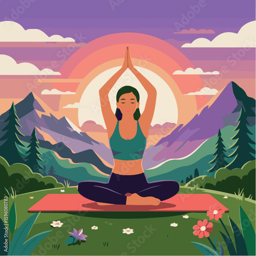 Clean and modern vector  woman meditating in nature yoga pose outdoor wellness peaceful mindfulness exercise harmony relaxation 100
